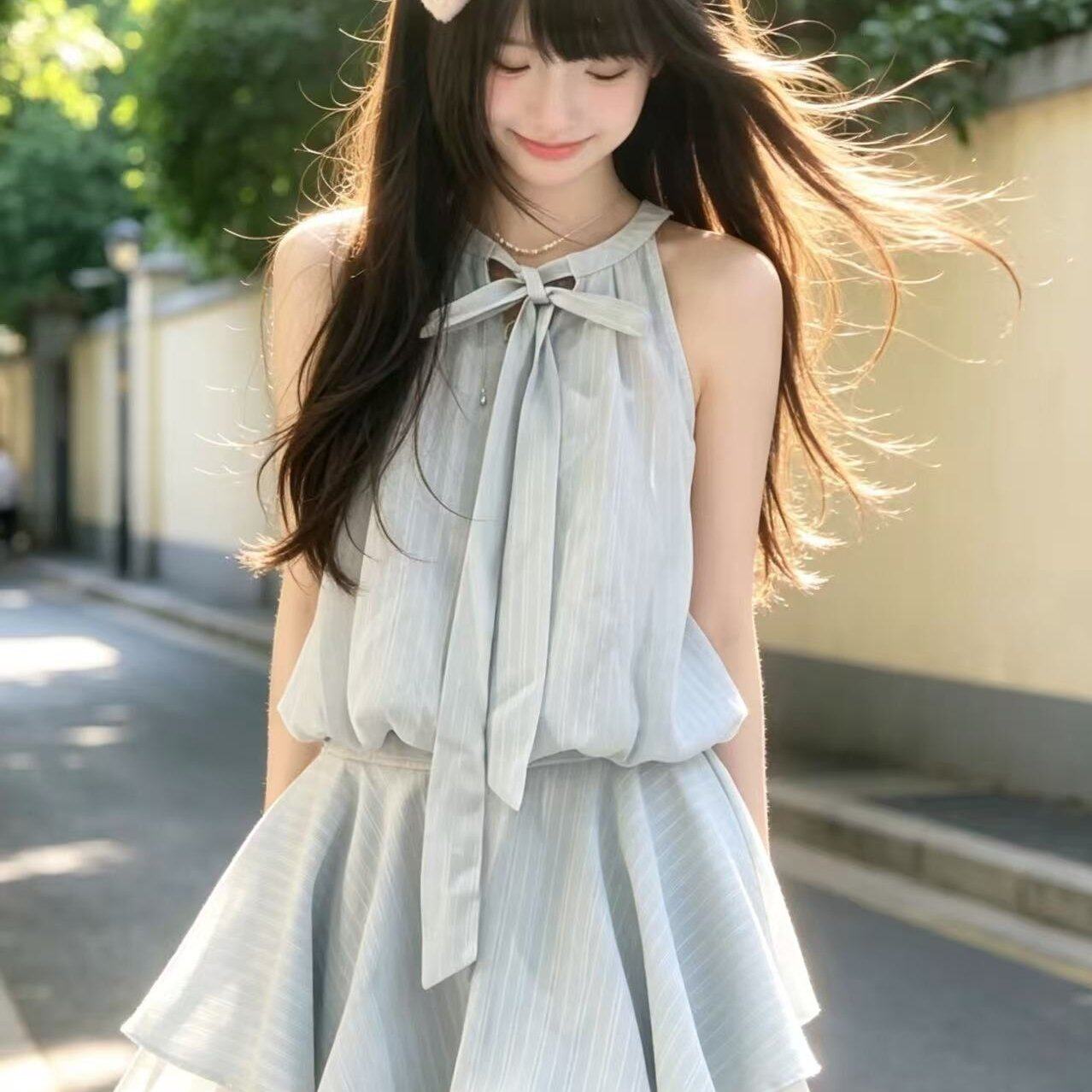 学院风蓝色露肩连衣裙女夏季法式连衣裙