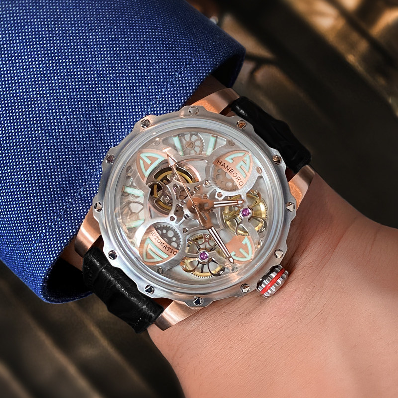 衡宝罗镂空机械手表男款大表盘钢带皮全自动防水夜光个性学生女士