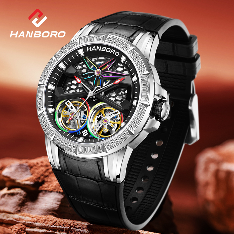 HANBORO衡宝罗双涡轮系列男士全自动镂空机械手表潮流夜光防水表