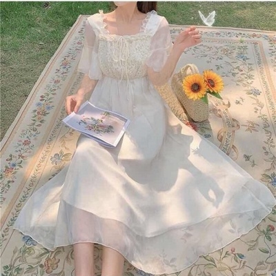2020新款女装夏季蕾丝雪纺连衣裙显瘦裙高腰法式仙女