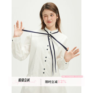 WPsense白色立领绝美长袖连衣裙女秋季学院风高级感系带a字裙子