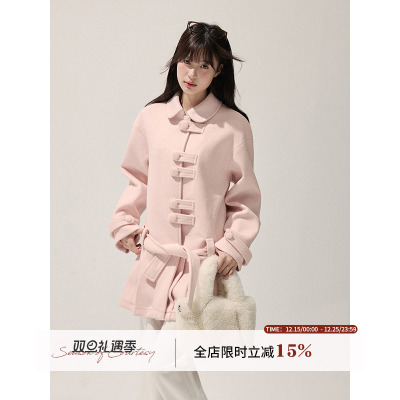 WPsense粉色毛呢外套裙女冬季新款小个子中长款正肩收腰呢子大衣