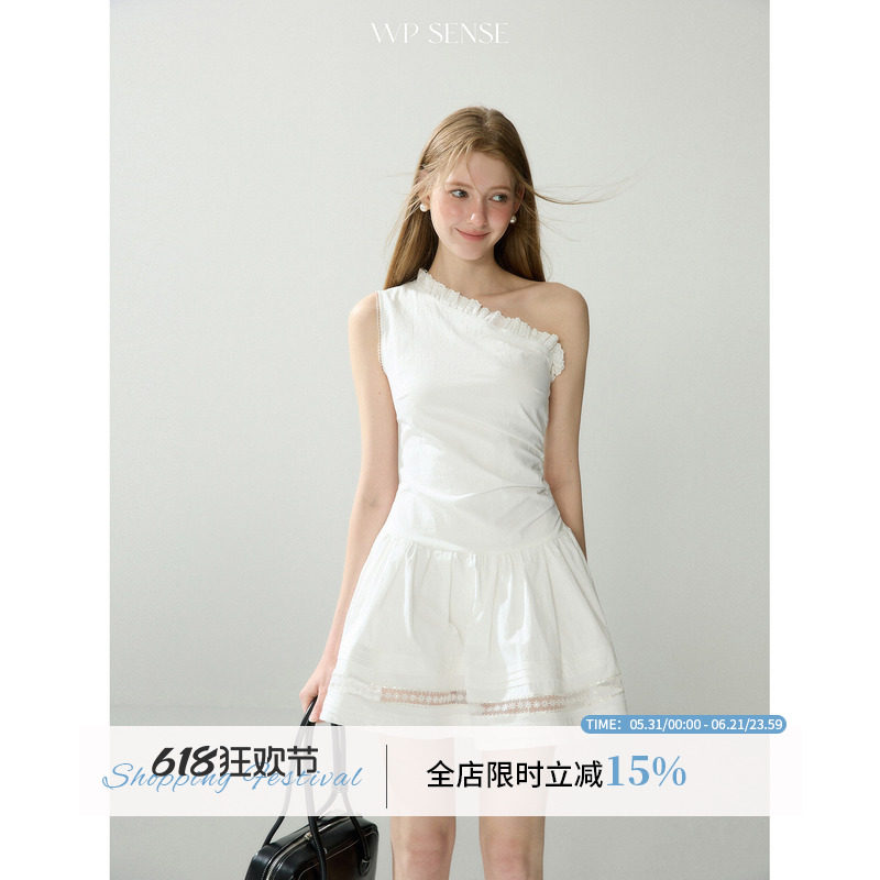 WPsense白色斜肩无袖修身a字连衣裙女夏季气质露肩裙子显瘦连身裙