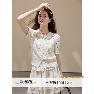 全棉镂空花边领短袖针织开衫女