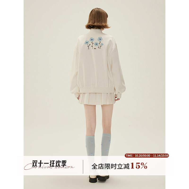 WPsense背部花朵刺绣拉链外套套装女秋季设计感百褶短裙两件套