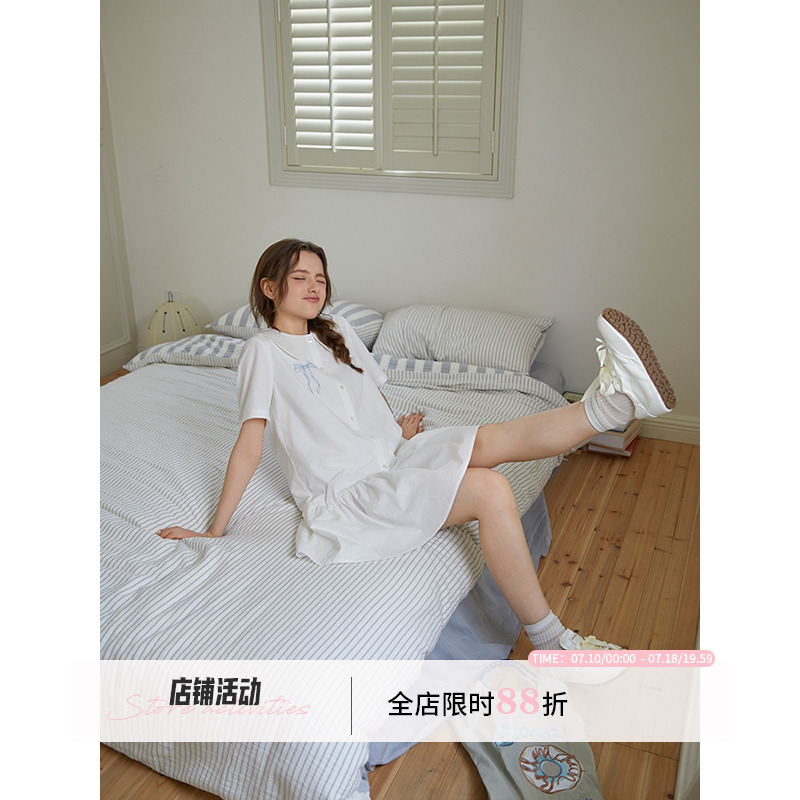 WPsense娃娃领蝴蝶结拼接连衣裙女夏季少女感白色A字短款衬衫裙子