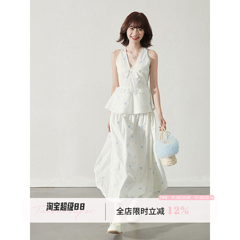 蝴蝶结蕾丝无袖上衣半裙套装