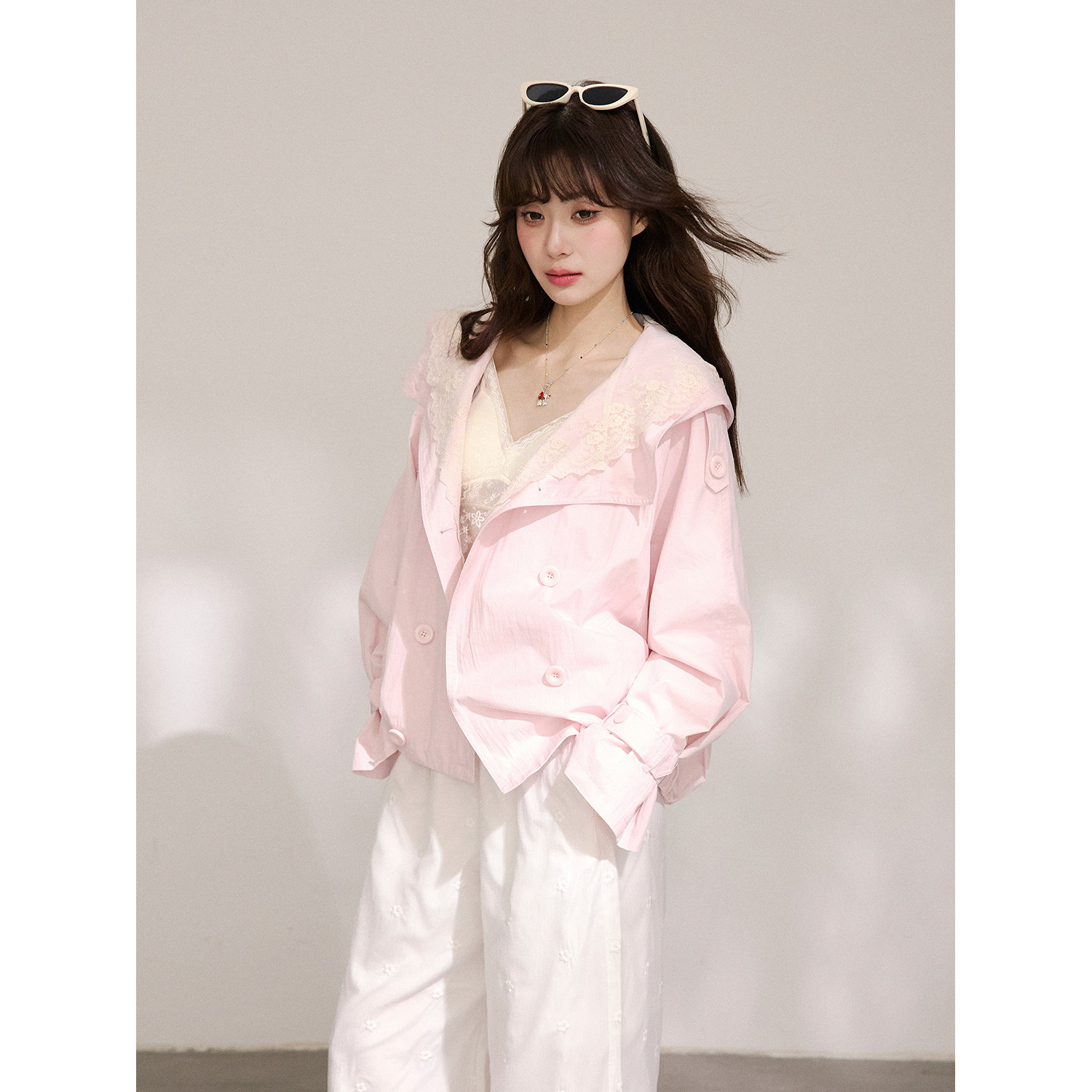 WPsense粉色拼接蕾丝连帽风衣2026春季防风夏季防晒薄款外套女
