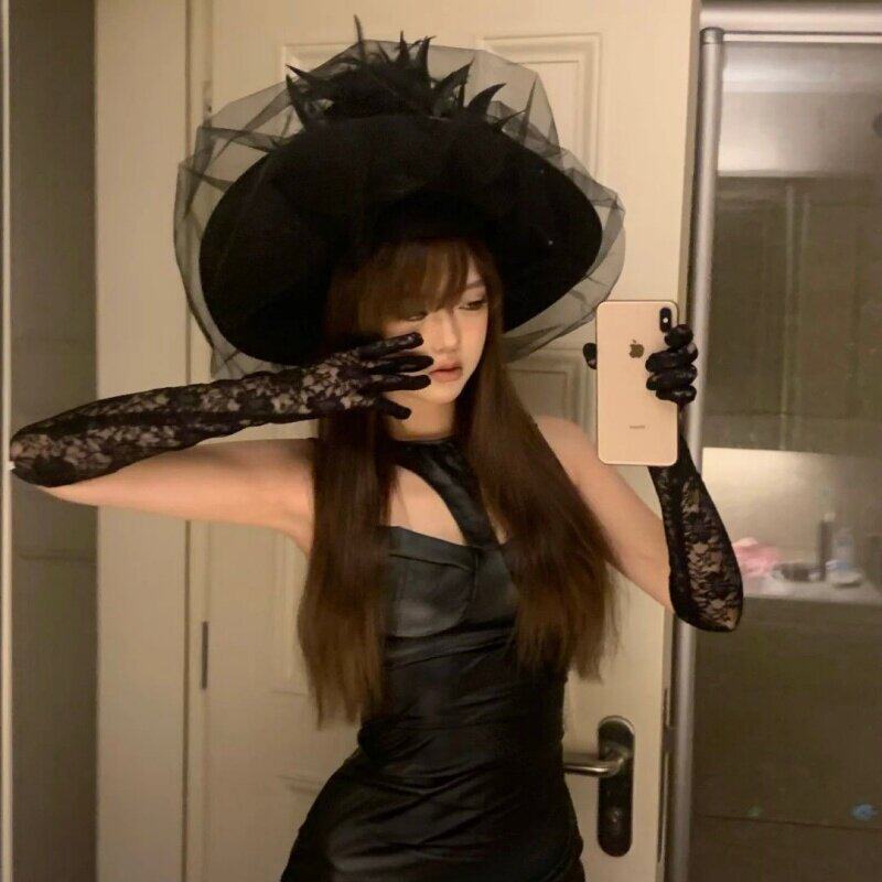 肯豆同款羽毛网纱女巫帽万圣节派对巫师巫婆帽cos网红小红书同款