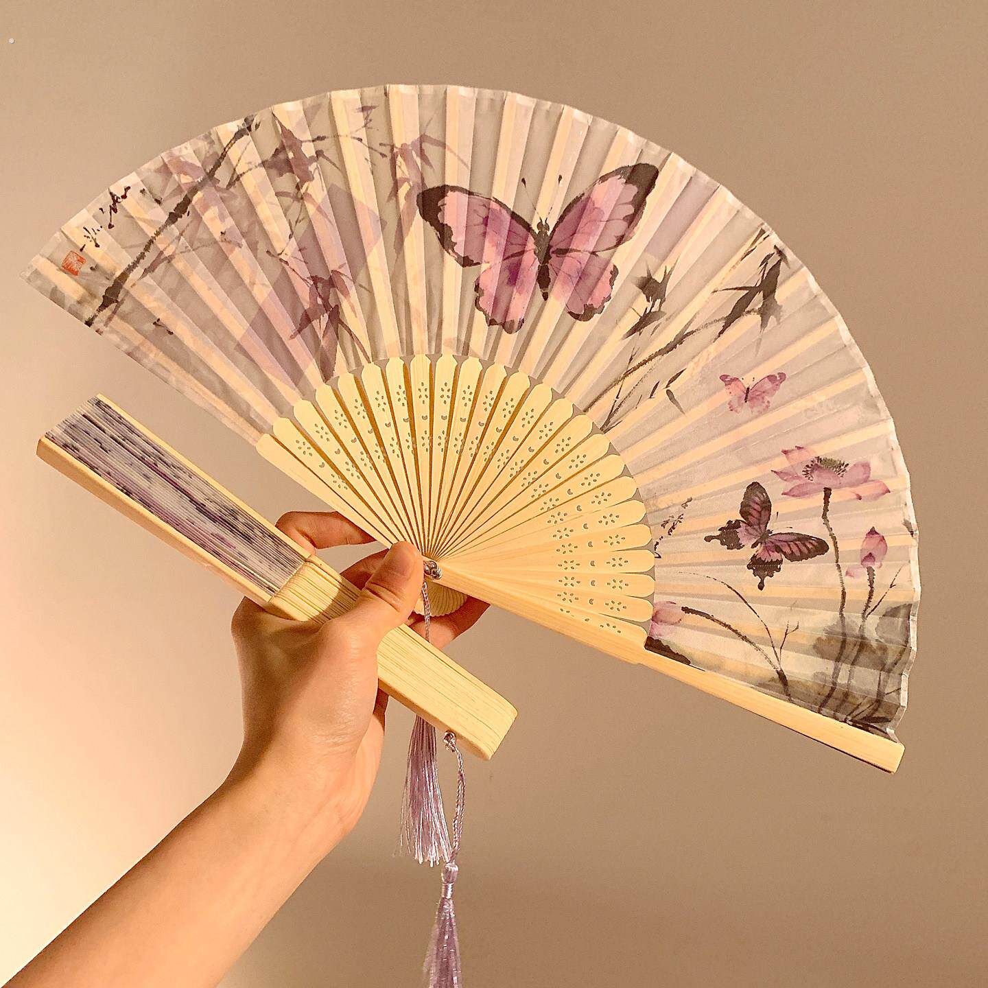 新中式古风紫蝶折叠扇子女夏季可携式中国风汉服旗袍舞蹈扇家用竹