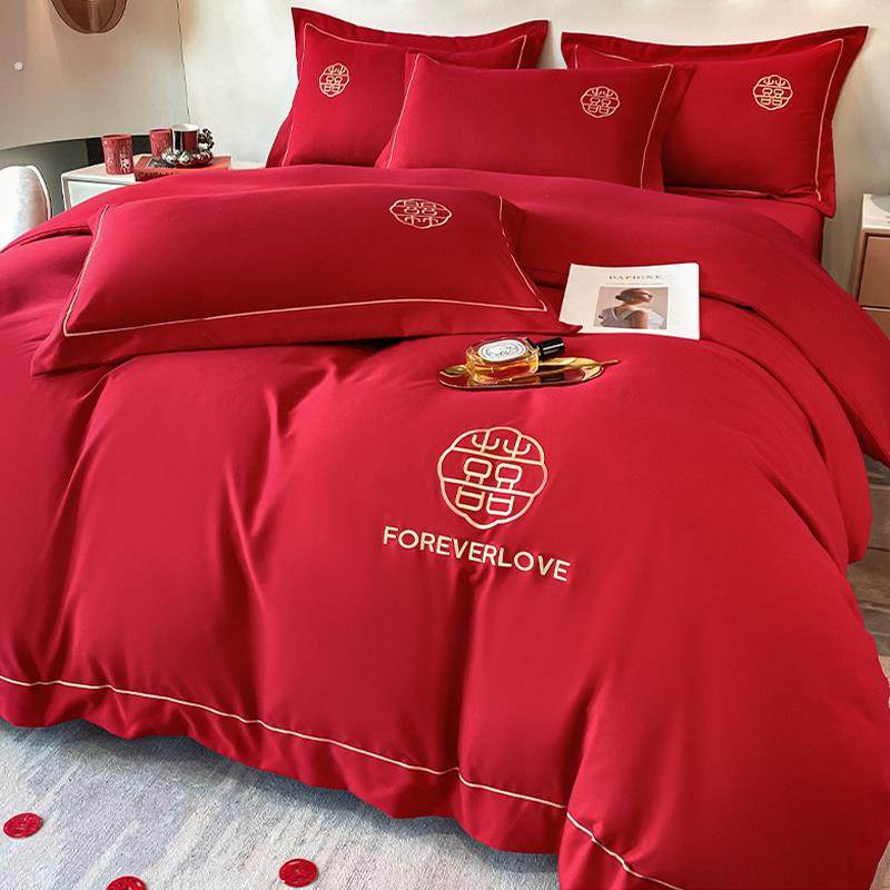婚庆水洗棉喜庆四件套中式大红色床单高档刺绣被套结婚房床上用品,床上用品,床品套件/四件套/多件套,淘宝优惠券,粉丝福利购,淘宝优惠卷