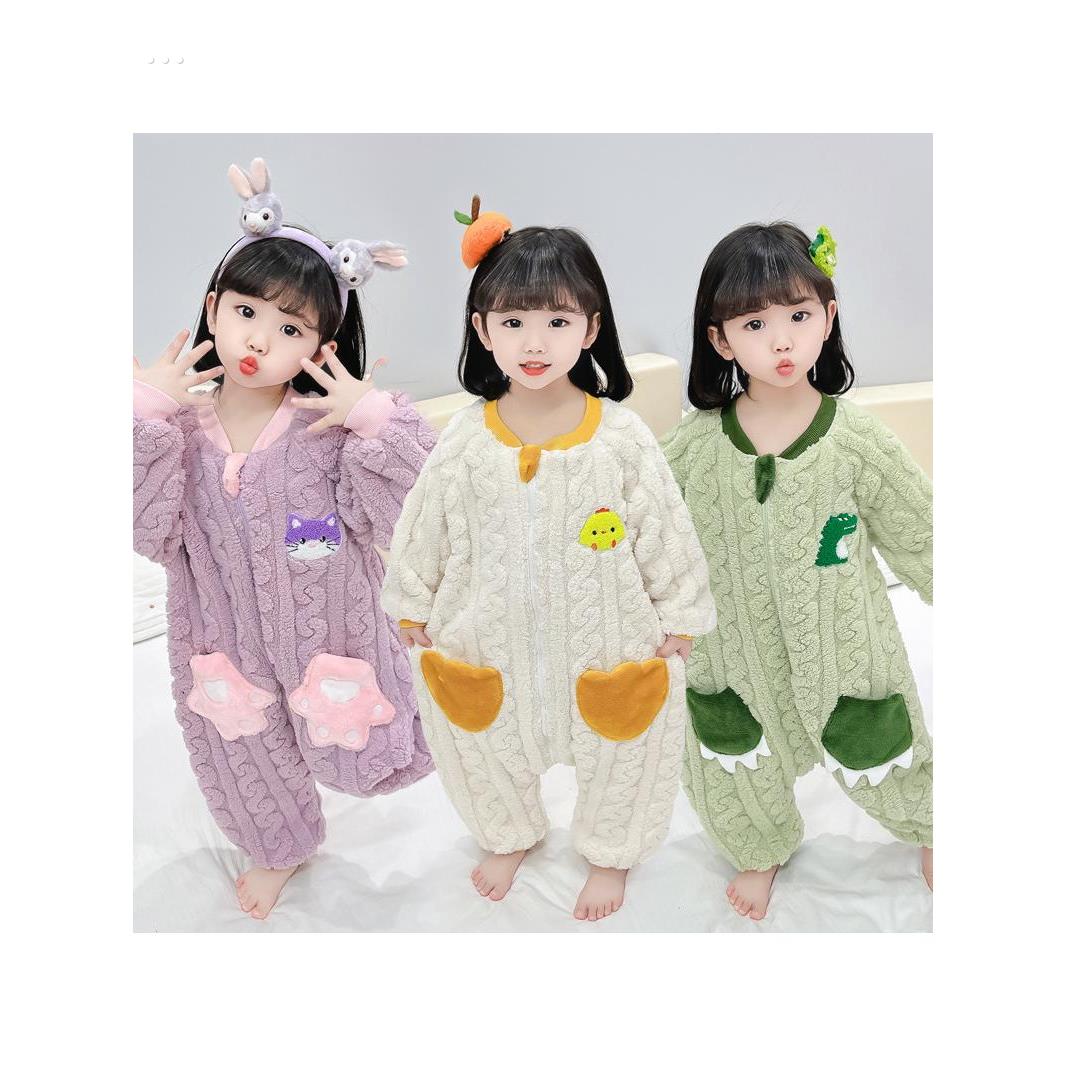 儿童连体睡袋男女宝宝法兰绒秋冬款女童加厚珊瑚绒婴儿防踢被睡衣