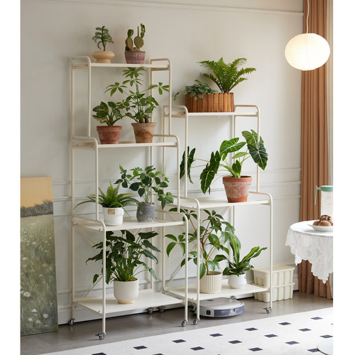 阳台奶油风多层花架子带轮可移动