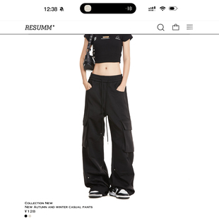 潮牌跳舞街头显瘦休闲运动直筒裤 女美式 子 裤 RESUMM立体多口袋工装