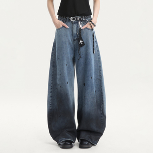 女宽松直筒垂感显瘦阔腿休闲裤 RESUMM美式 街头泼墨渐变弯刀牛仔裤