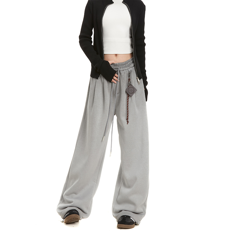 RESUMM裤子女复古灰色加绒卫裤美式嘻哈挂饰宽松直筒阔腿休闲裤