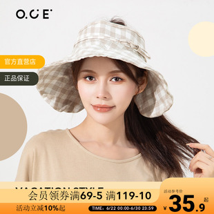 OCE格子遮阳空顶帽大檐帽透气太阳帽夏季亚麻旅游防晒出片帽子