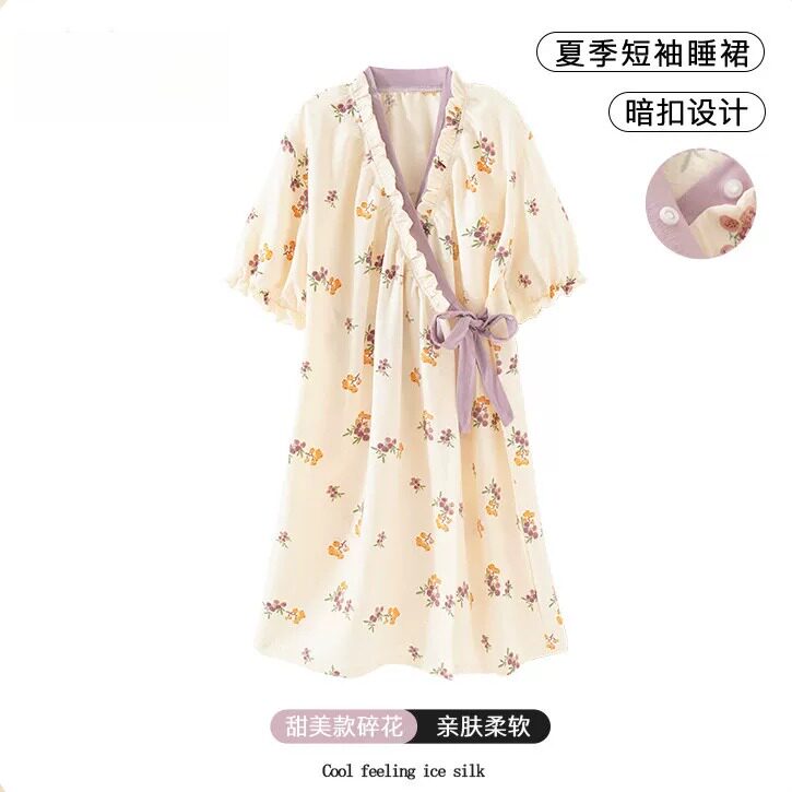 2026新款夏季天新中式浴袍国风碎花女士睡袍短袖大码家居服睡衣裙