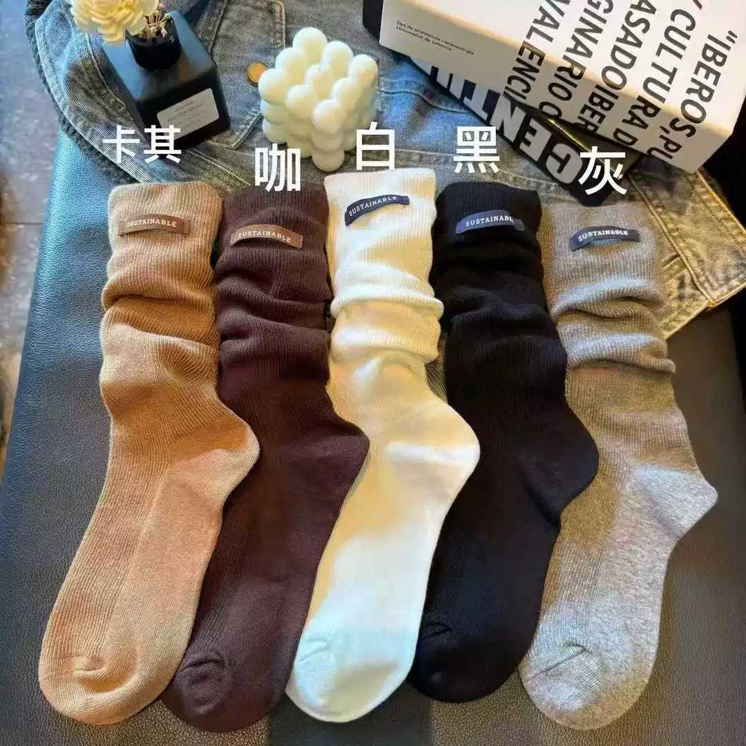 高货新款中筒袜子女秋季字母皮标长筒堆堆袜纯色百搭时尚潮鞋