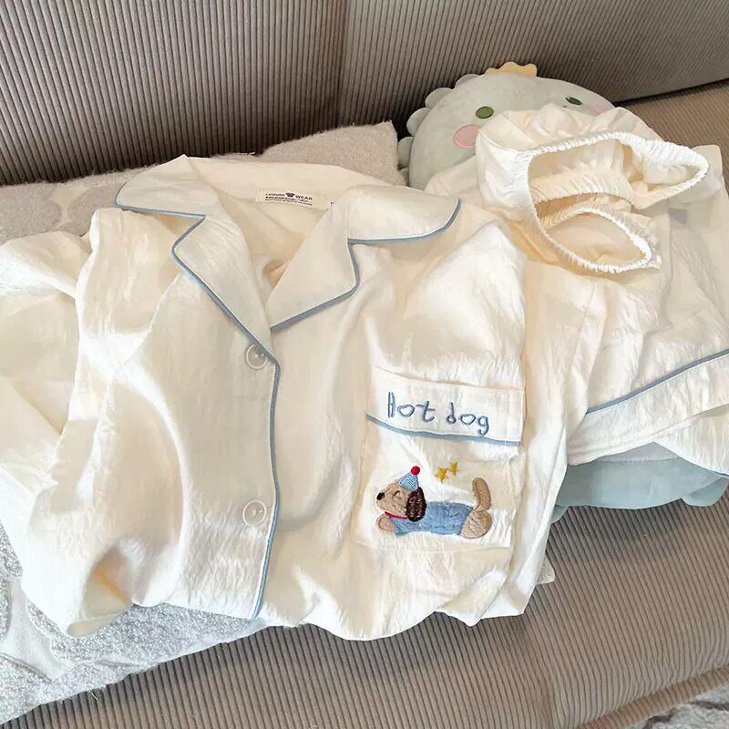 卡通小狗睡衣女款春秋夏季云朵棉短袖短裤两件套可爱可外穿家居服