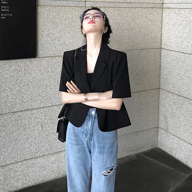 复古短款黑色小西装外套女夏季2025年新款气质宽松显瘦薄款小西服