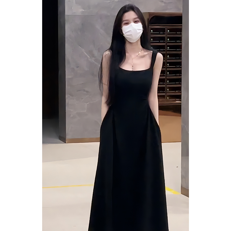 法式茶歇白色吊带连衣裙子女夏季2025春秋新款小个子长袖收腰长裙
