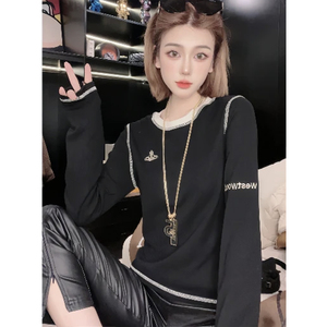 秋冬新款星球重工刺绣加绒加厚打底衫T恤女撞色内搭高级感上衣潮