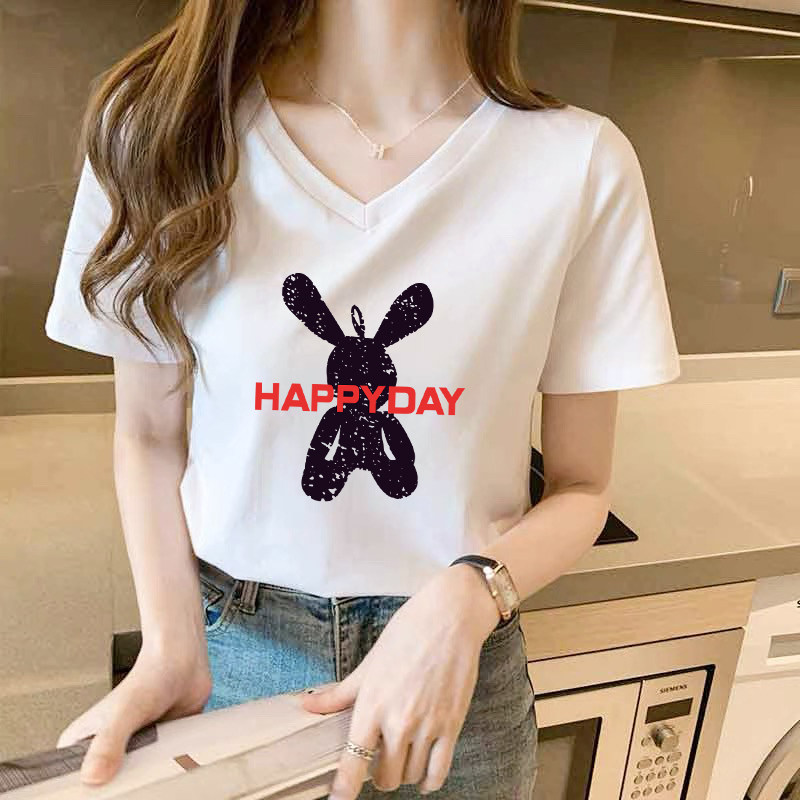 纯棉短袖t恤女士夏季新款印花休闲V领百搭显瘦宽松小众短款上衣潮