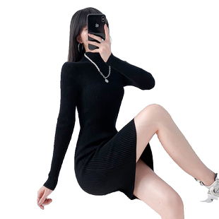 半高领针织连衣裙女加厚秋冬中长款毛衣裙气质紧身性感打底包臀裙