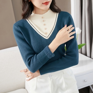 秋冬新款假两件妈妈装内搭半高领上衣中老年加绒加厚毛衣打底衫女