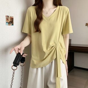 T恤女夏新款 设计感不对称V领短袖 宽松显瘦上衣 女装 200斤胖MM大码
