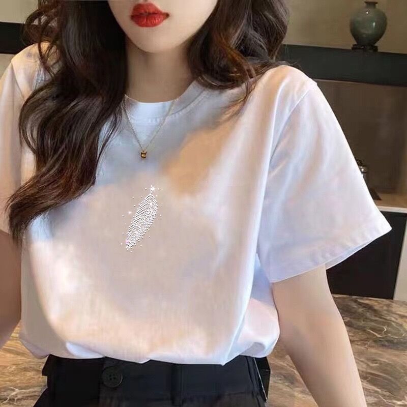 2025新款夏季正肩纯棉短袖t恤女薄款宽松烫钻白色显瘦半袖上衣潮