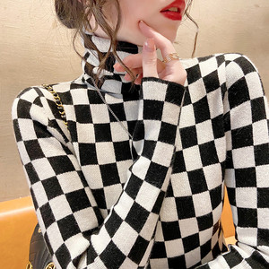 羊绒衫修身内搭上衣秋冬新款高领格子毛衣黑白棋盘格针织衫打底衫