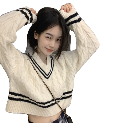 学院风撞色V领麻花毛衣女秋冬