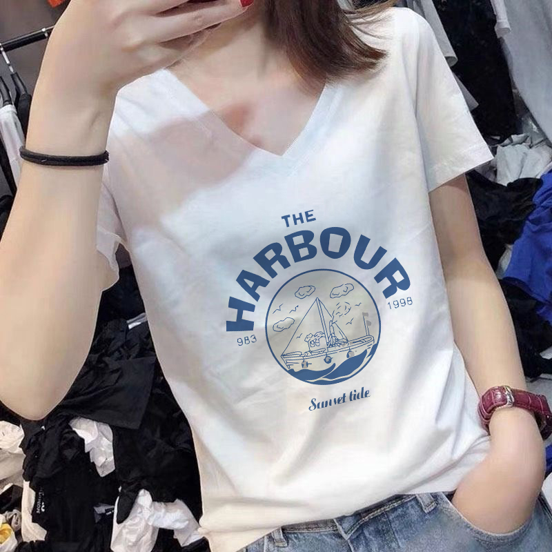 纯棉短袖t恤女2025夏季新款卡通印花宽松韩版百搭休闲v领小众上衣