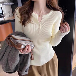 高级感针织打底衫女秋冬新款修身内搭毛衣设计感小众春秋V领上衣