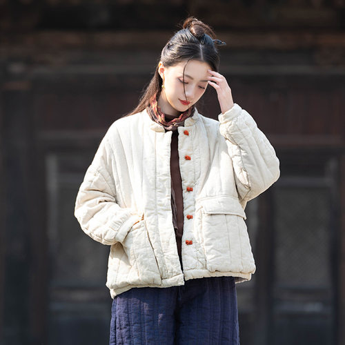 26棉麻文艺复古拼色盘扣宽松压条立领短款棉袄女亚麻夹棉加厚棉衣
