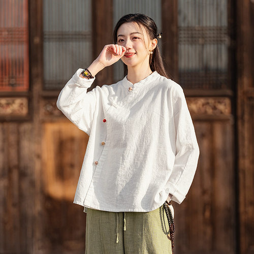 2026秋季新款棉麻女装复古立领偏襟拼色砂洗盘扣上衣长袖女式衬衫