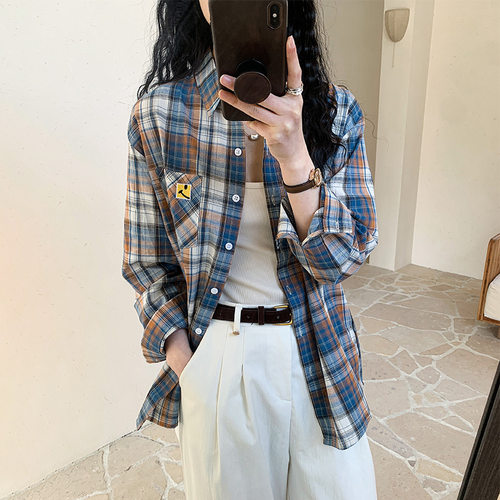 厂家直销纯棉衬衫女士长袖春秋新款外搭复古格子衬衣宽松休闲衬衣