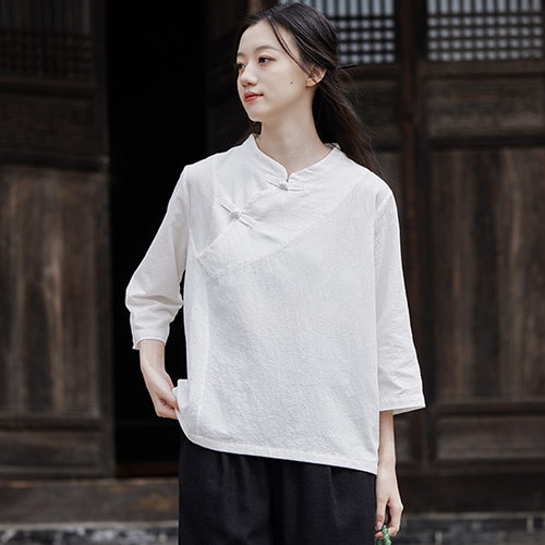2026早秋棉麻女装新中式拼接盘扣立领上衣衬衫女禅意茶服T恤