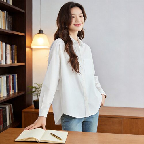 棉茧 白衬衫女长袖中长款宽松上衣2026春装新款简约精致通勤衬衣