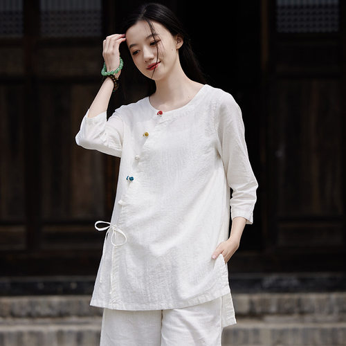 2026秋季中式复古薄款拼色盘扣棉麻上衣衬衫女士亚麻禅茶服