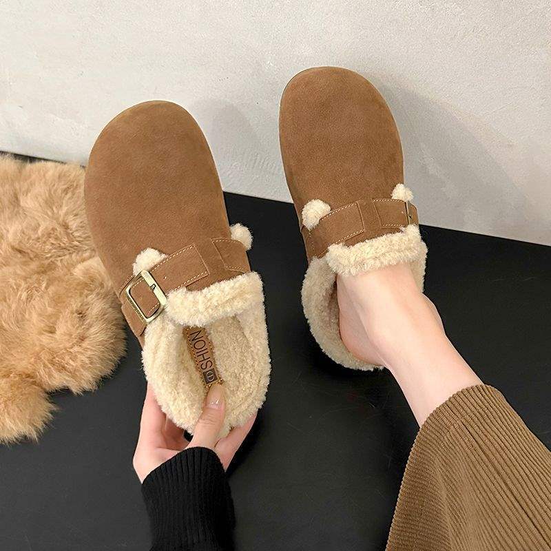 复古百搭加绒女鞋2025年秋冬季新款平底通勤勃肯外出洋气防滑棉拖