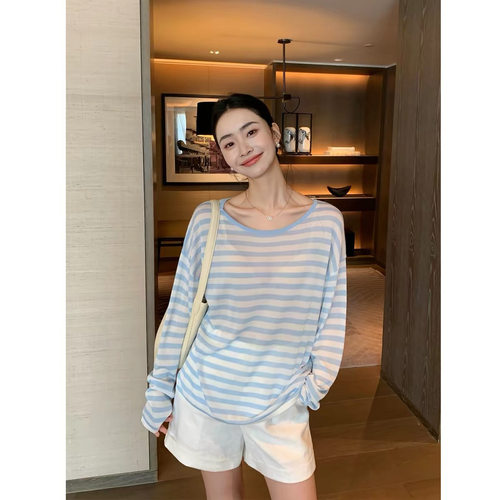 Mave Lin 1/30支醋酸胶原蛋白纱|条纹长袖上衣女大圆领防晒罩衫