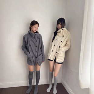 立领设计感外套女 YANG现货26韩系纯色双排扣棉质罗纹开衫 YIN AND