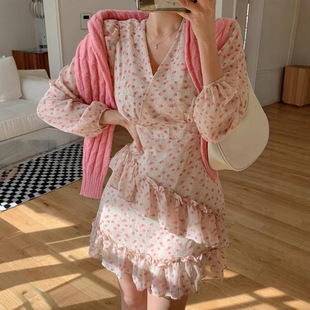 碎花连衣裙长裙 韩国收腰显瘦荷叶边V领泡泡袖 amy company现25夏款