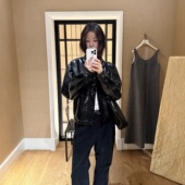 The Barnnet现H25韩国东大门宽松显瘦黑色漆皮皮衣单排扣夹克外套