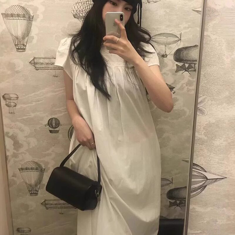 smoothmood现货26夏款韩国东大门纯色气质收腰蕾丝立领短袖连衣裙 - 实物图