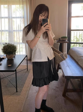 lerobe现H25夏款韩国东大门白色v领宽松休闲刺绣花朵短袖衬衫上衣