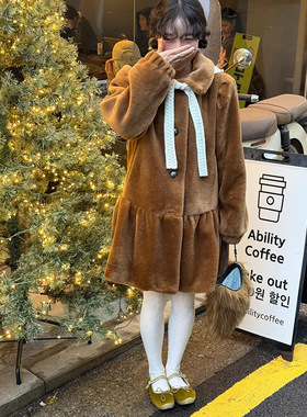 sinoon韩国东大门公主肩泡泡袖皮草大衣小个子复古棕色保暖外套女